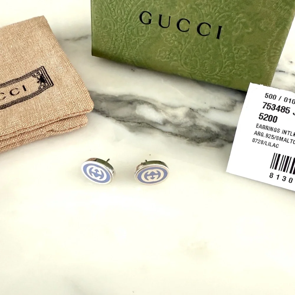 GUCCI 753485 Earrings Interlocking G Enamel‎ Purple & Silver 925 Oval w/Box